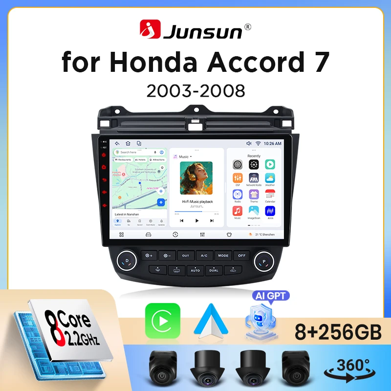 Junsun Wireless CarPlay Android Auto Autoradio für Honda Accord Mk7 (CL/CN/CM) 2003-2008 mit eingebautem Lüfter, Android GPS-Navigation, Multimedia-Player, WiFi, DSP, RDS, BT, SWC, IPS-Touchscreen, Autoradio, Videoplayer, Head Unit, Stereo Image