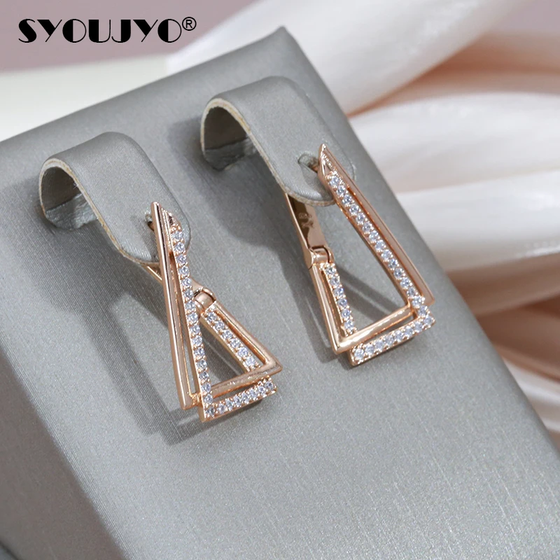 SYOUJYO Dreieck Geometrie 585 Rose Gold Farbe Ohrringe Für Frauen Trendy Natürliche Zirkon Edlen Schmuck One Touch Englisch Ohrringe