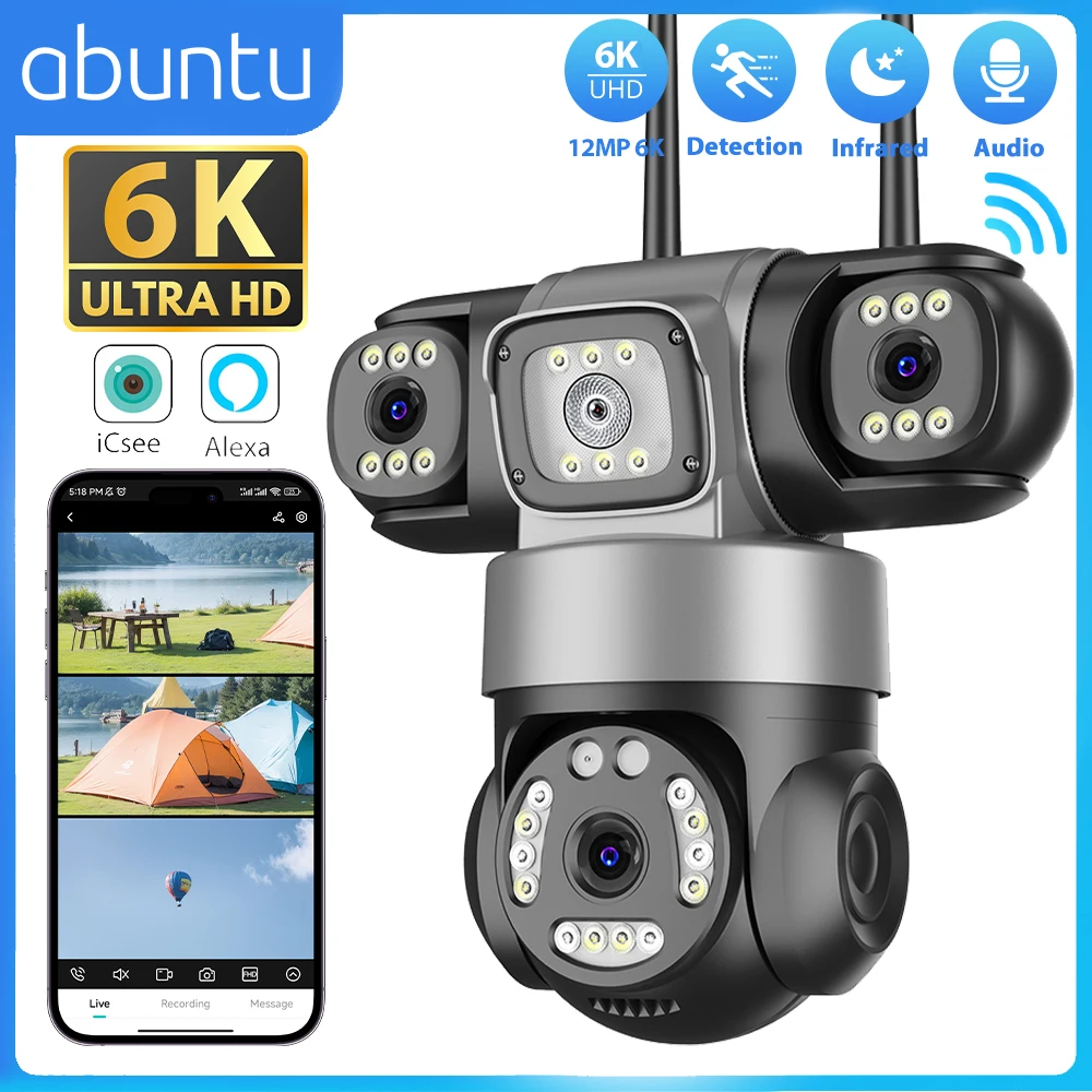 12MP 6K iCsee Wifi Überwachungskamera Outdoor Drei Objektiv Drei Bildschirme Überwachungskamera Nachtsicht Menschliche Erkennung Tracking