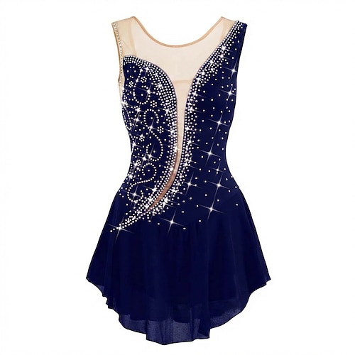 Eiskunstlaufkleid Damen Eislaufen Kleid Marineblau Patchwork Asymmetrischer Saum Dehnbar Training Wettbewerb Eiskunstlaufkleidung Klassisch Kristall / Strass Ärmellos Eislaufen Eiskundstlauf Image