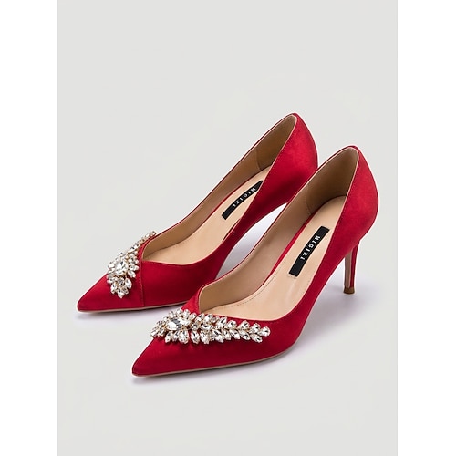 Elegante, spitz zulaufende Pumps aus Satin mit Strassbesatz für Damen, perfekt für Gartenhochzeiten. Image