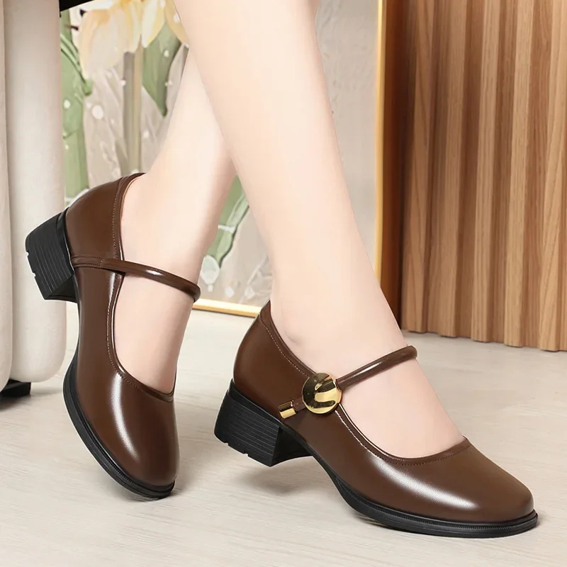 4 cm britischer Stil, flacher Mund, bequeme weiche Lederschuhe, Mary Janes 2025 Herbst-Schuhe mit quadratischen Absätzen, Schwarz für Mutter, Arbeit, Alltag