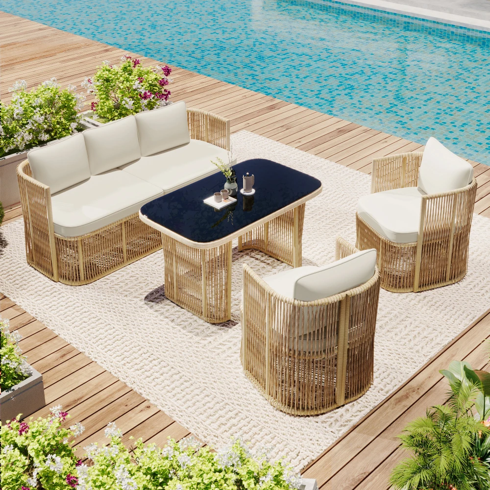 4-teiliges Gartenmöbel-Set aus PE-Rattan mit Sofa, Sesseln und Glastisch, mit Polyesterkissen und gehärteter Glasplatte Image