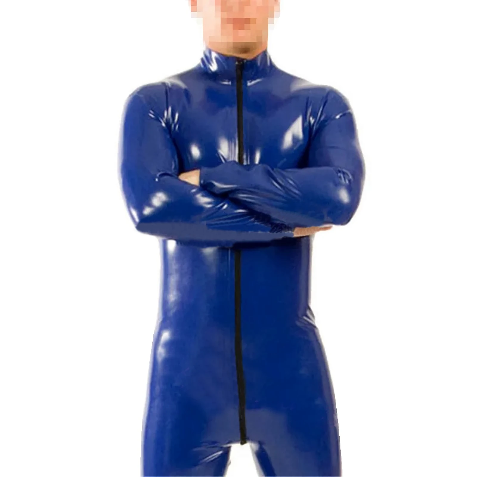 Dunkelblaue Latex-Outfits, Gummi-Catsuit mit Reißverschluss vorne, Herren-Overall (ohne Socken), handgefertigt, S-LCM115 Image
