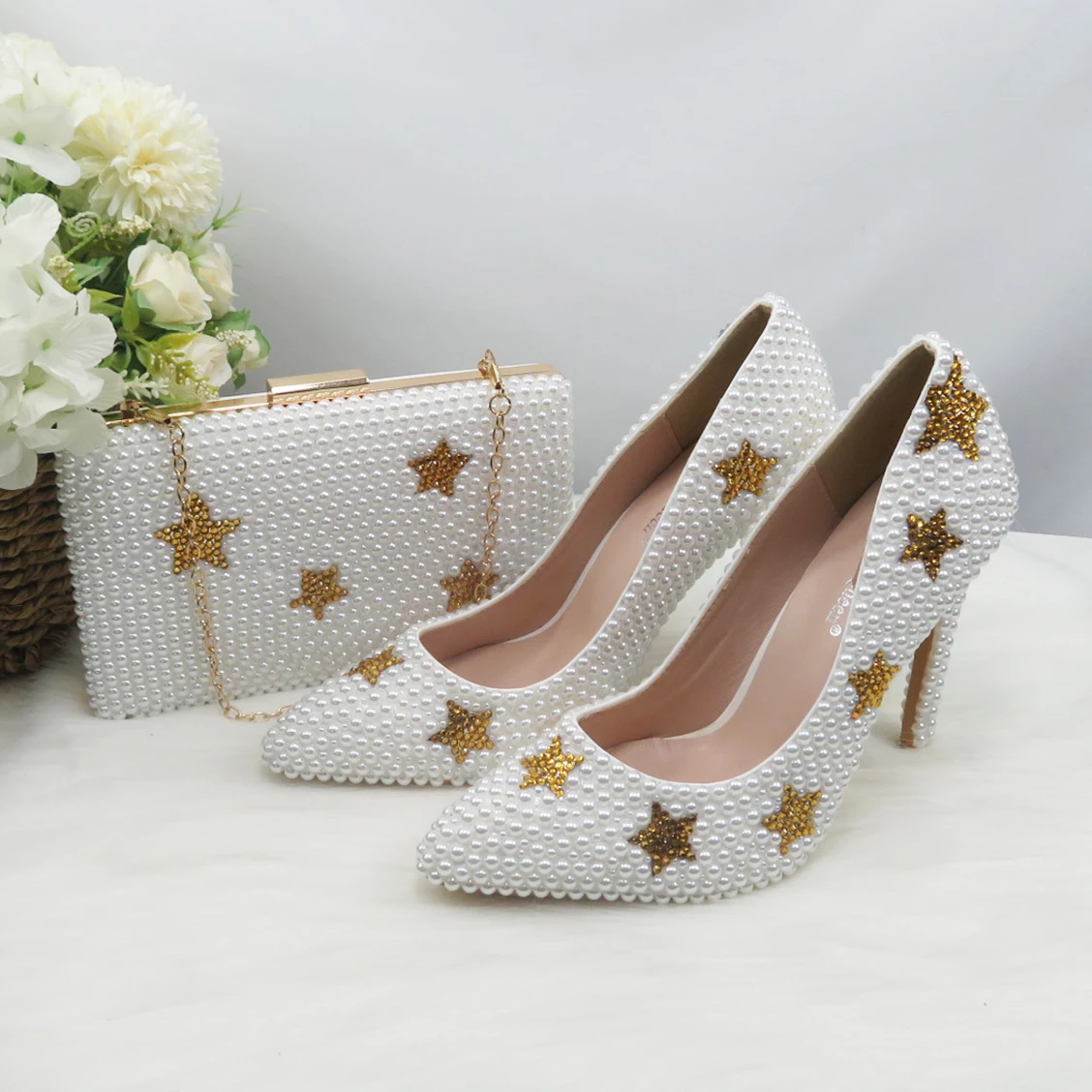 BaoYaFang Weiß Perle Gold Star Frauen Hochzeit Schuhe Mit Passenden Tasche Braut Spitz Party Kleid Schuhe Frau Große Größe pumpen