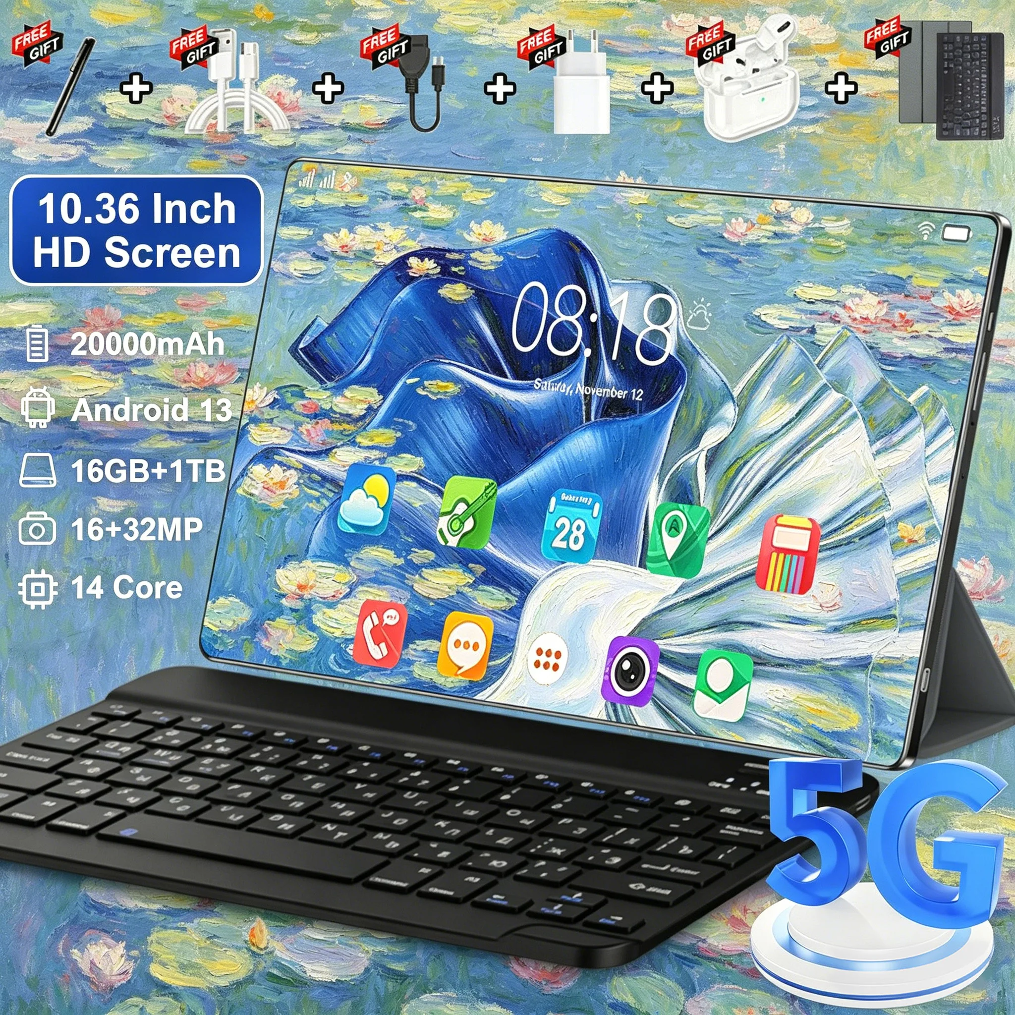 Tablet 5G 2026 Android 14-Core Dual SIM Doppia Fotocamera Google Play 20000mAH 16GB RAM 1TB ROM Android 13.0 Tablet PC da 10.36 Pollici