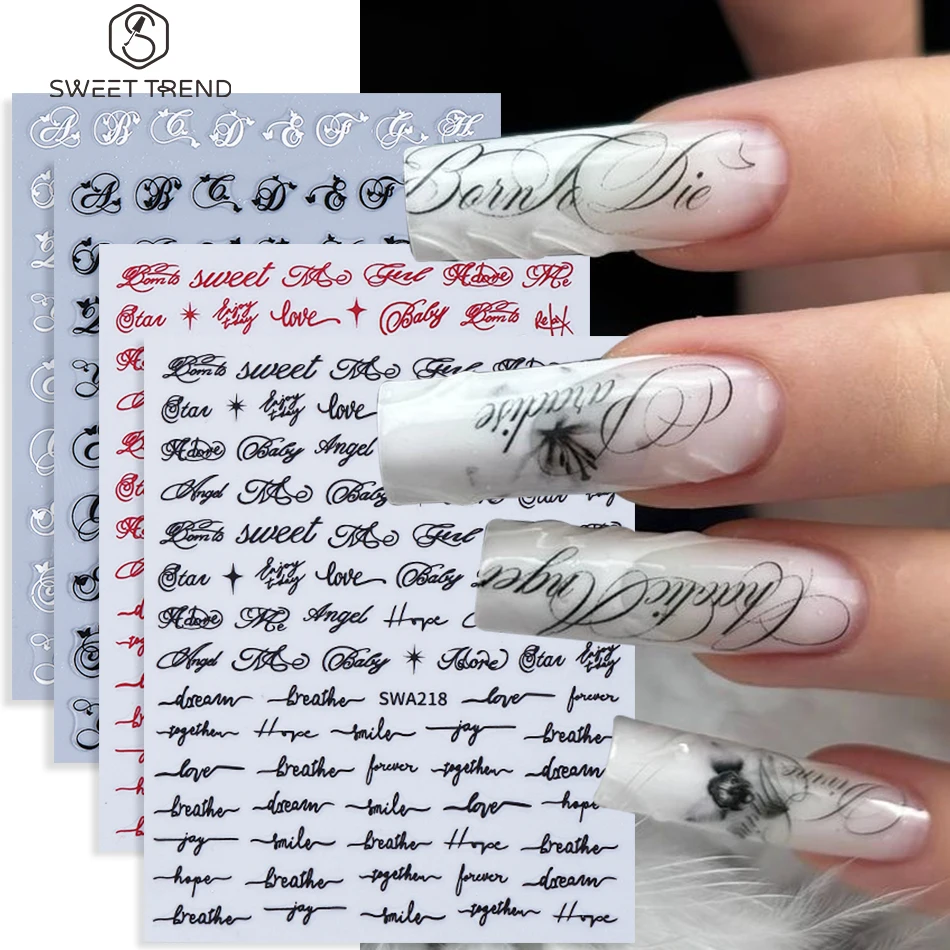 2/4 Stück Gothic-Stil Buchstaben-Nagelaufkleber Y2K Cooles Design Englische Buchstaben Alphabet Selbstklebende Abziehbilder DIY Maniküre Deko Slider Image