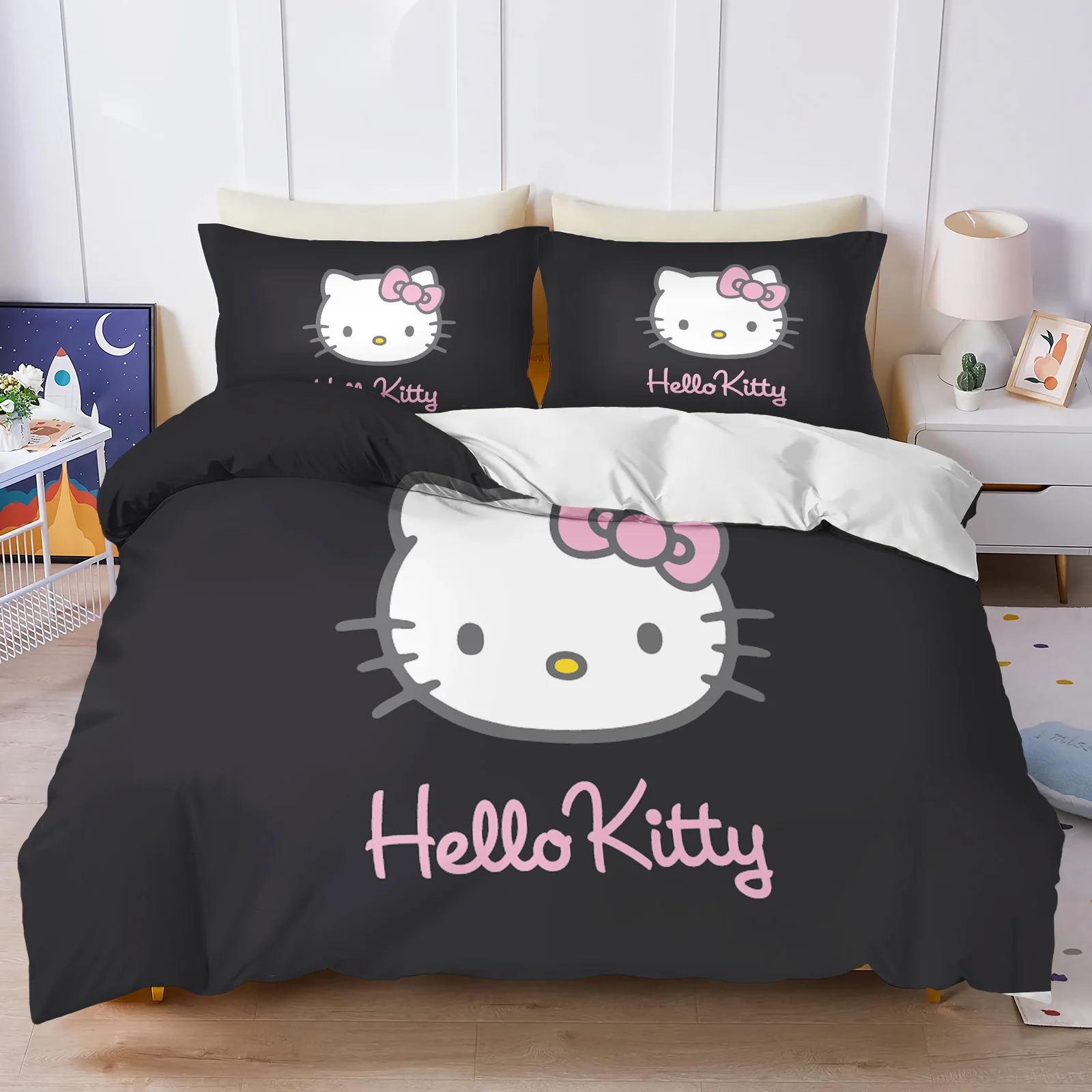 Hello Kitty Bettbezug-Set, Trösterbettwäsche, 3D-Kinderbettwäsche-Set, 3-teilig, 1 Bettbezug, King-Size-Bett Image