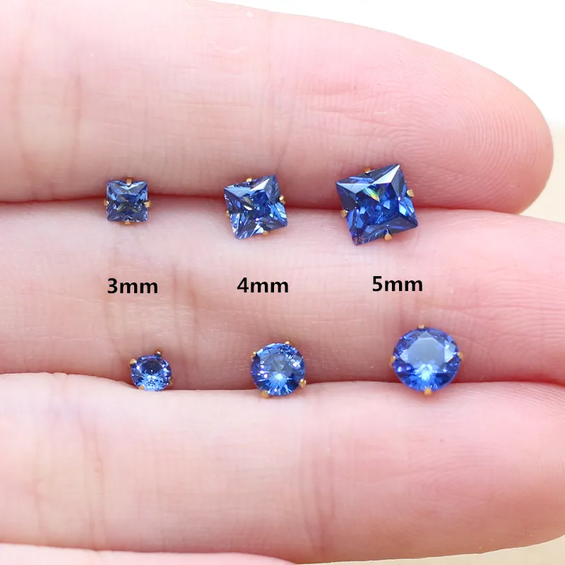 Tansania blau Edelstahl Push-Back-Ohr stecker 3 4 5mm quadratische und runde Zirkone kein leichtes Verblassen Allergie frei Image
