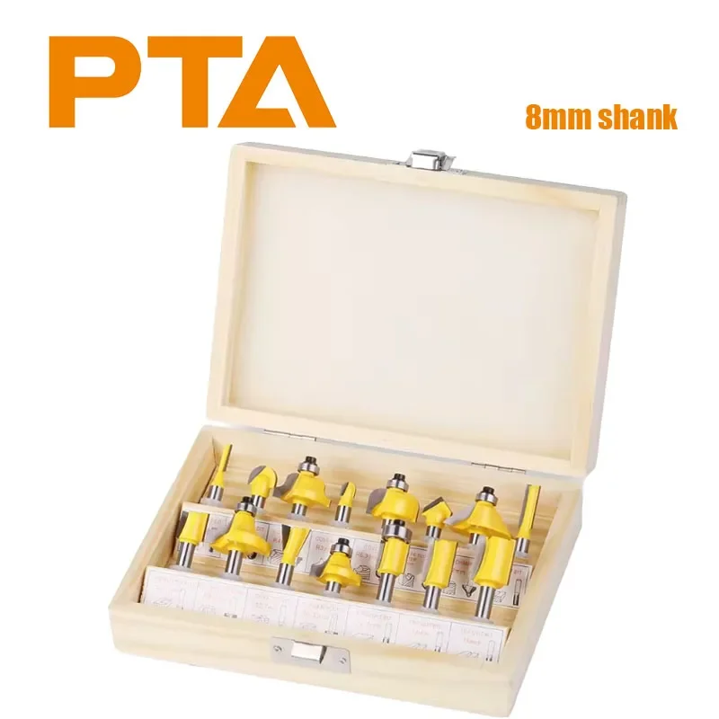 15-teiliges 8-mm-Fräser-Set, gelb, zum Trimmen, Geradfräsen, Kantenfräsen, Hartmetall-Fräser, Holzbearbeitungswerkzeuge für Holz Image