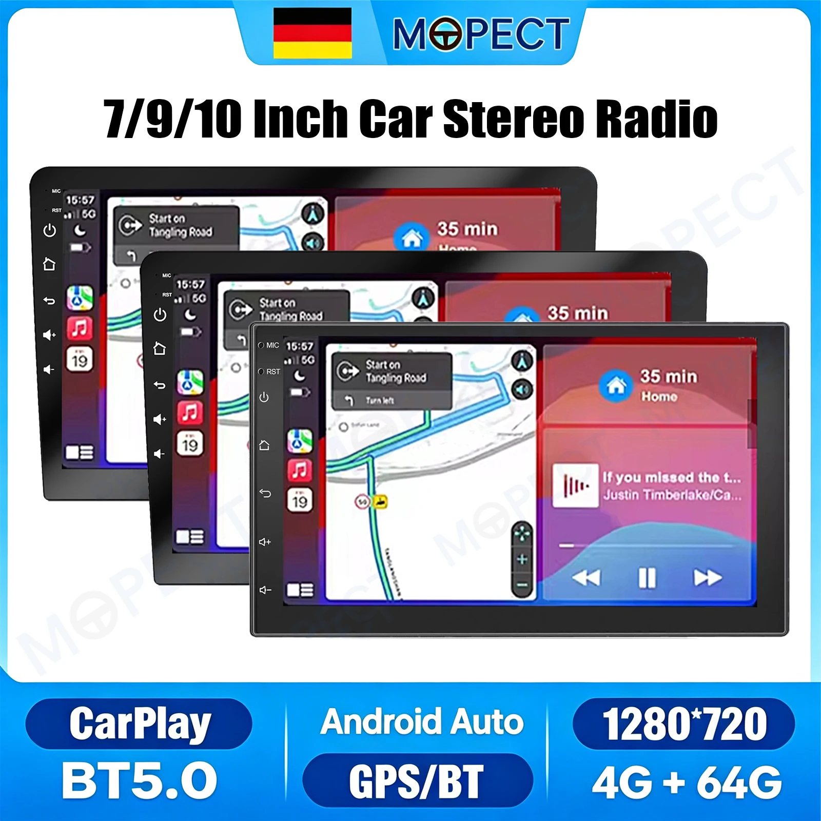 MOPECT Autoradio Universale 2 DIN da 7/9/10 Pollici, Android 15, 4+64G, CarPlay, Touchscreen, GPS, WiFi, Bluetooth+DAB&AHD