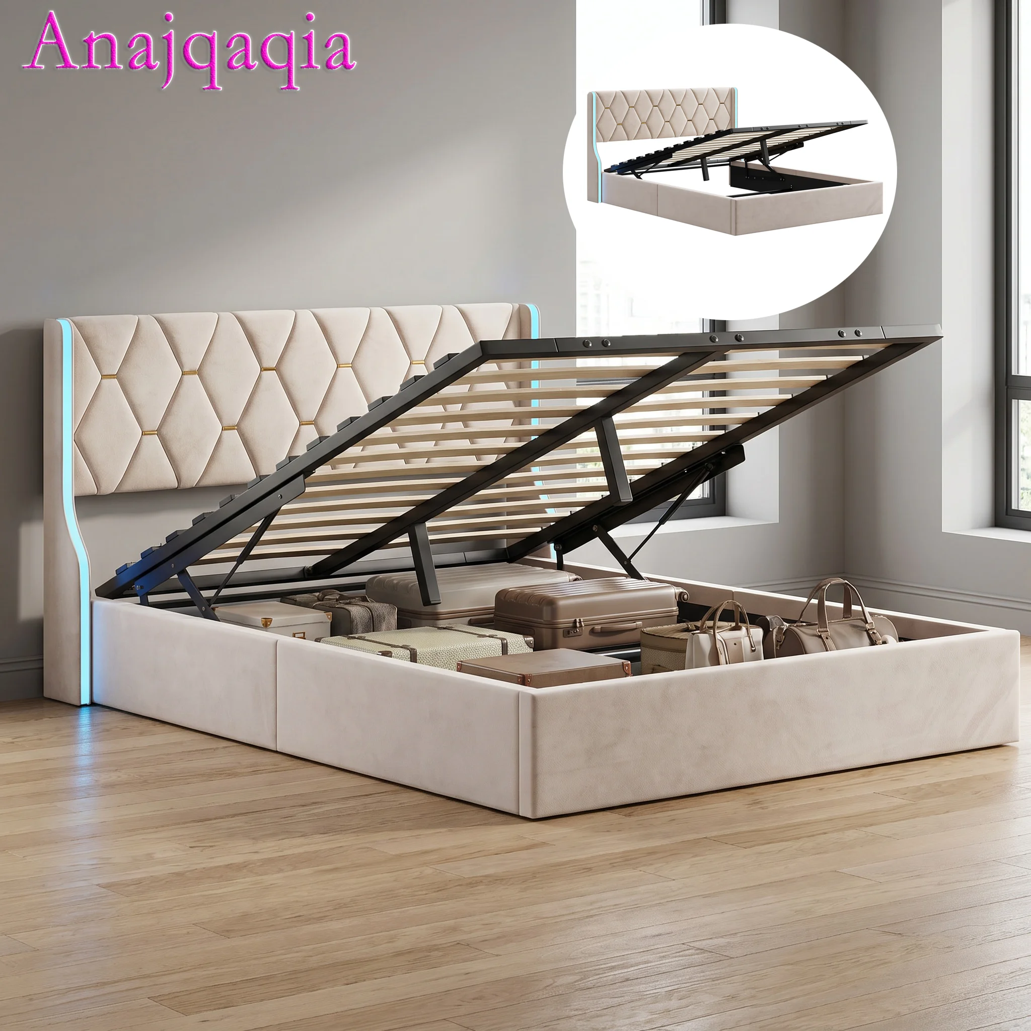 Anajqaqia Hydraulisches Stauraumbett, Polsterbett 140 x 190 cm, Doppelbett mit LED-Beleuchtung und Lattenrost, ohne Matratze, Beige Image