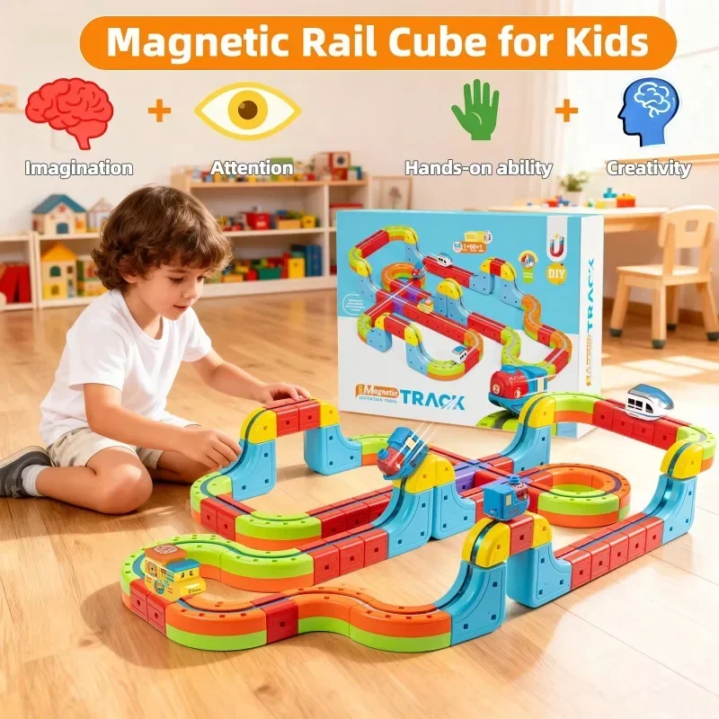 Magischer Elektronischer Eisenbahn-Schienenwürfel Spielzeug für Kinder DIY Montage Eisenbahnstrecke Auto Baustein-Set Lernspielzeug Weihnachtsgeschenke Image