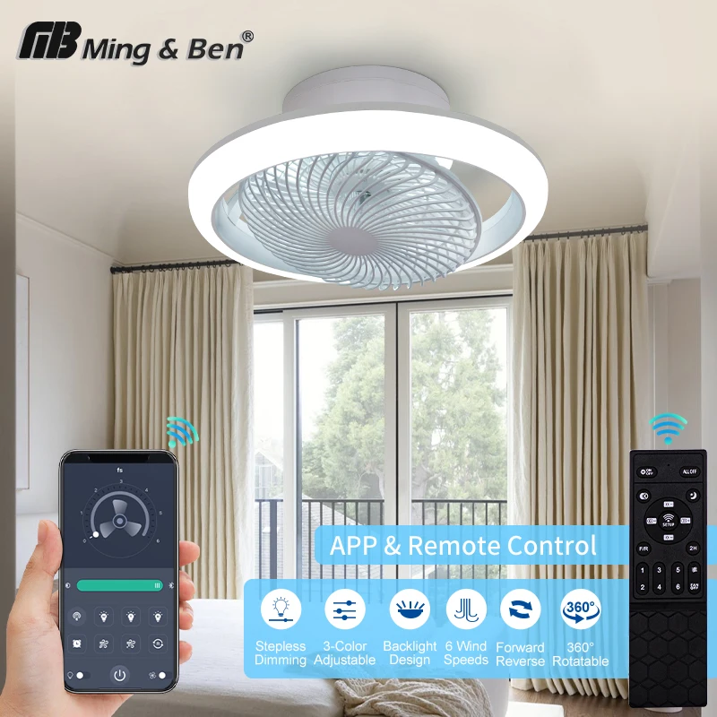 49cm Moderner Deckenventilator mit LED-Beleuchtung Smart App Fernbedienung Stufenlose Dimmung Geräuscharm 360° ° Ventilator mit Beleuchtung für Schlafzimmer und Heimdekoration