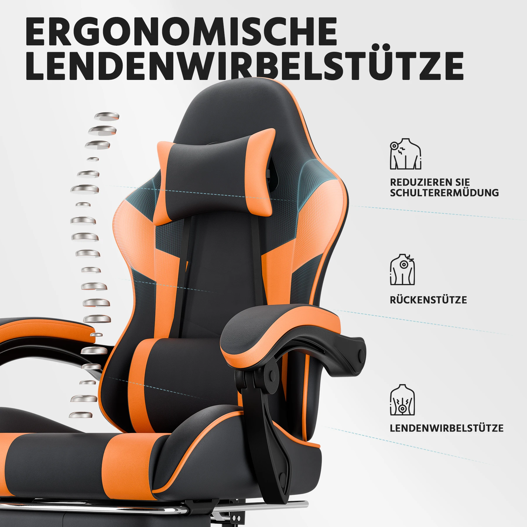 Schwarz-orangefarbener Gaming-Stuhl, ergonomischer Computerstuhl aus PU-Leder mit Fußstütze, verstellbarer Drehstuhl mit Lendenwirbelstütze und Kopfstütze, atmungsaktiver Hochlehner für Gaming und