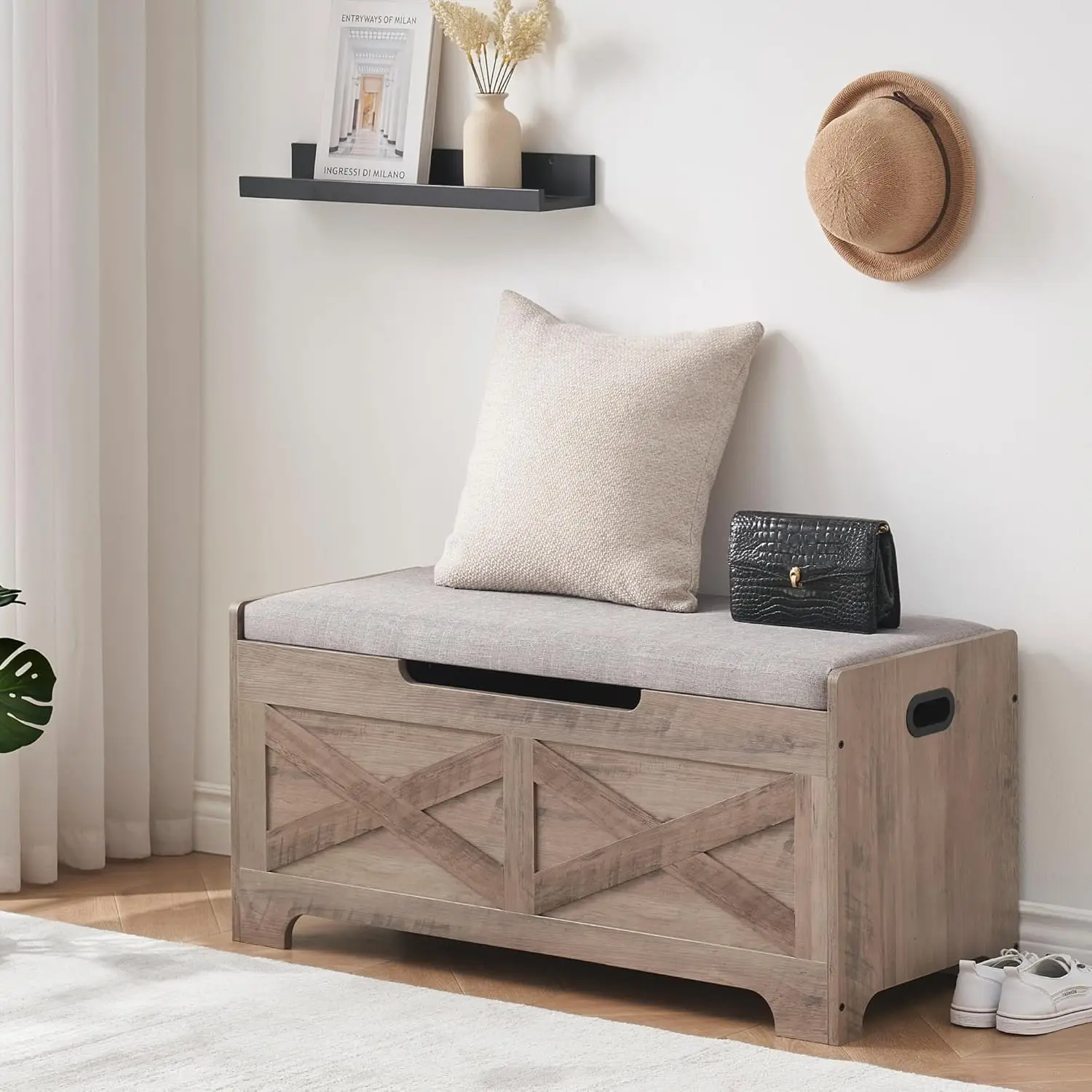 Holz-Aufbewahrungsbank mit weichem Kissen, Schuhbank für den Eingangsbereich mit 2 Sicherheitsscharnieren, Spielzeug-Organizer-Truhe für das Wohnzimmer