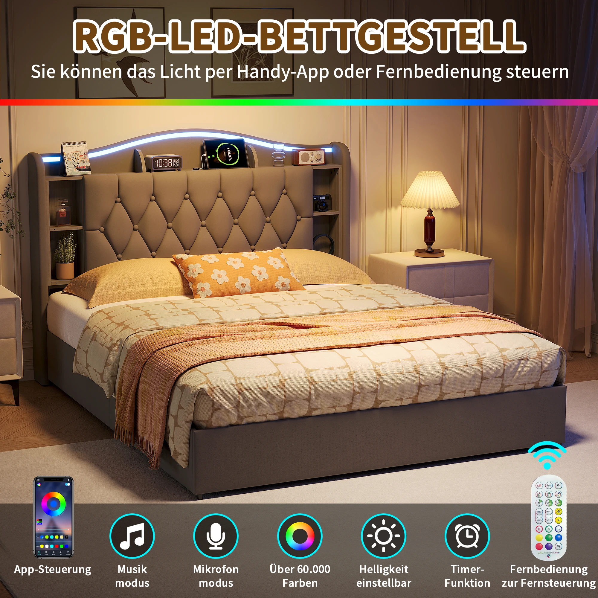 Anajqaqia Graues Samtbett mit hydraulischem Stauraum 140x200cm, Bett mit RGB-LED-Licht-Kopfteil, USB- und kabelloser Ladefunktion, gepolstertes Tufting-Bett, Matratze nicht enthalten Image