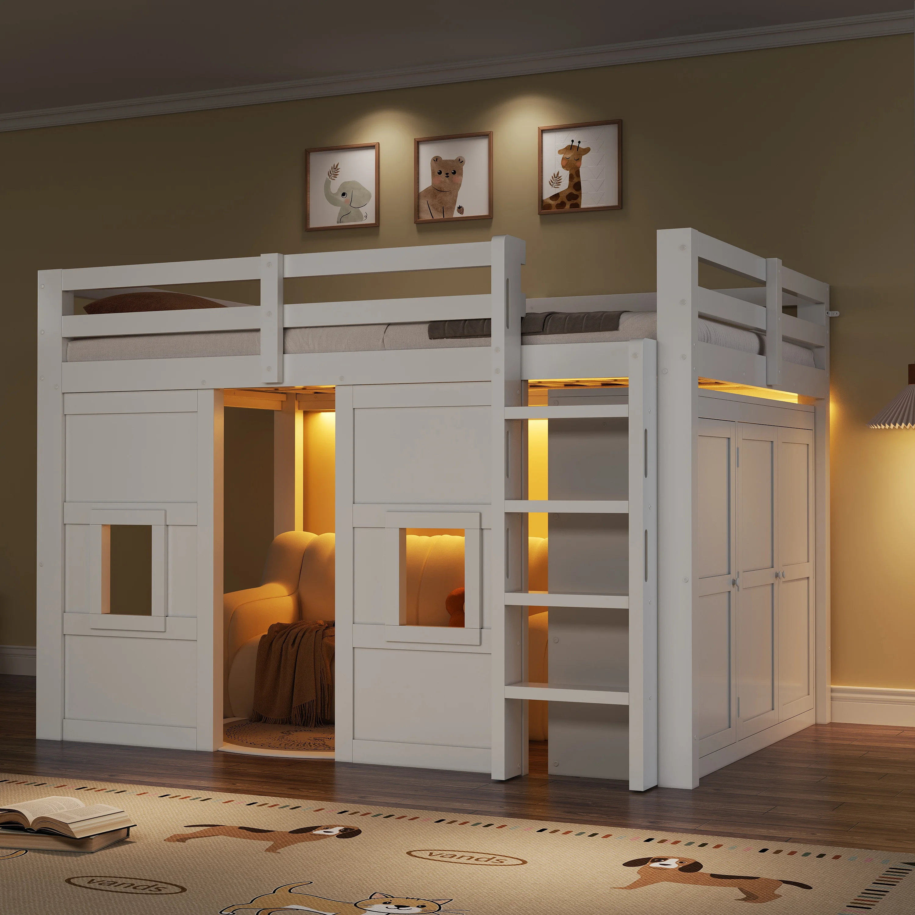 Mezzanine-Bett, Doppelbett mit integriertem Kleiderschrank, 2 Fenster und verstellbarer LED-Beleuchtung, 140×200 cm, ohne Matratze, Weiß