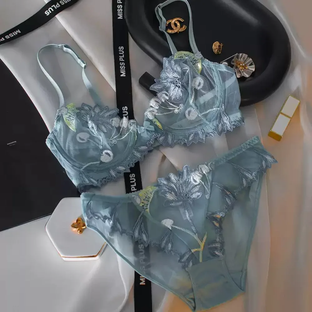Eleganter Kirschblüten-Stickerei-Spitzen-Bügel-BH, ultradünn, Minimizer, stützend, Anti-Sagging, seitlich glättend für große Brüste, Größen 32-38, Set