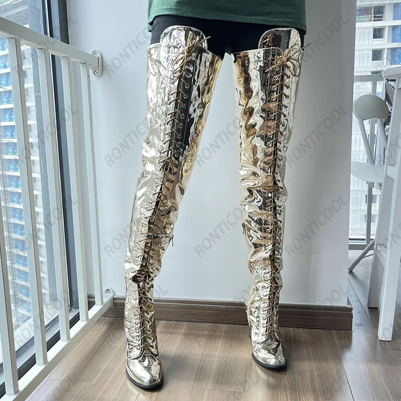 Ronticool Neue stilvolle Damen-Winter-Oberschenkelstiefel mit seitlichem Reißverschluss, klobige Absätze, runde Zehenpartie, hellgoldene Nachtclub-Schuhe, US-Größe 5–20