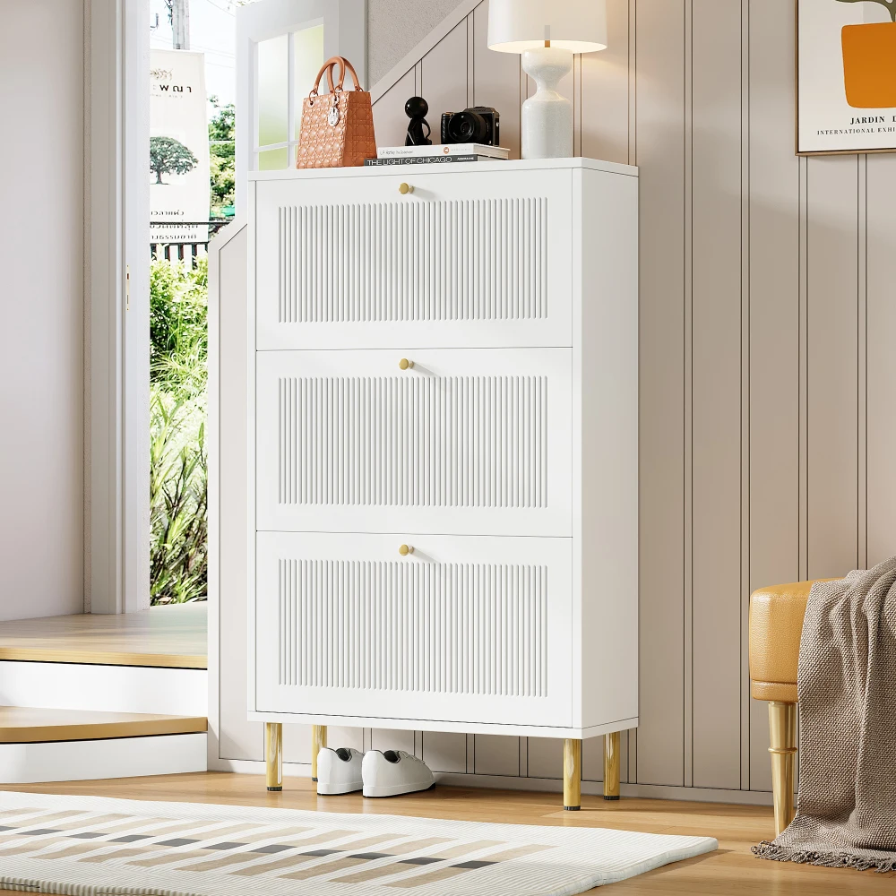73x23x125cm schmaler Schuhschrank mit 3 gerippten Falttüren, moderner Schuhschrank mit 6 Aufbewahrungsfächern, für den Eingangsbereich