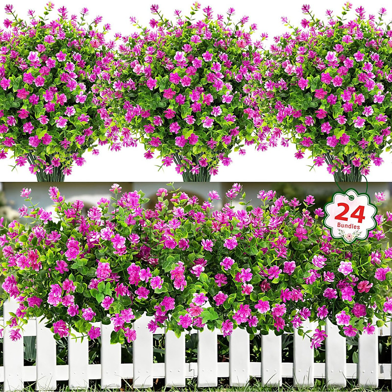 24 Bundles Artificial Flowers for Outdoors Decoration Fake Flowers UV Resistant Faux Plastic Greenery Eucalyptus Plants for Spring Summer Garden Patio Indoor Outdoor Home Decor, Multicolor