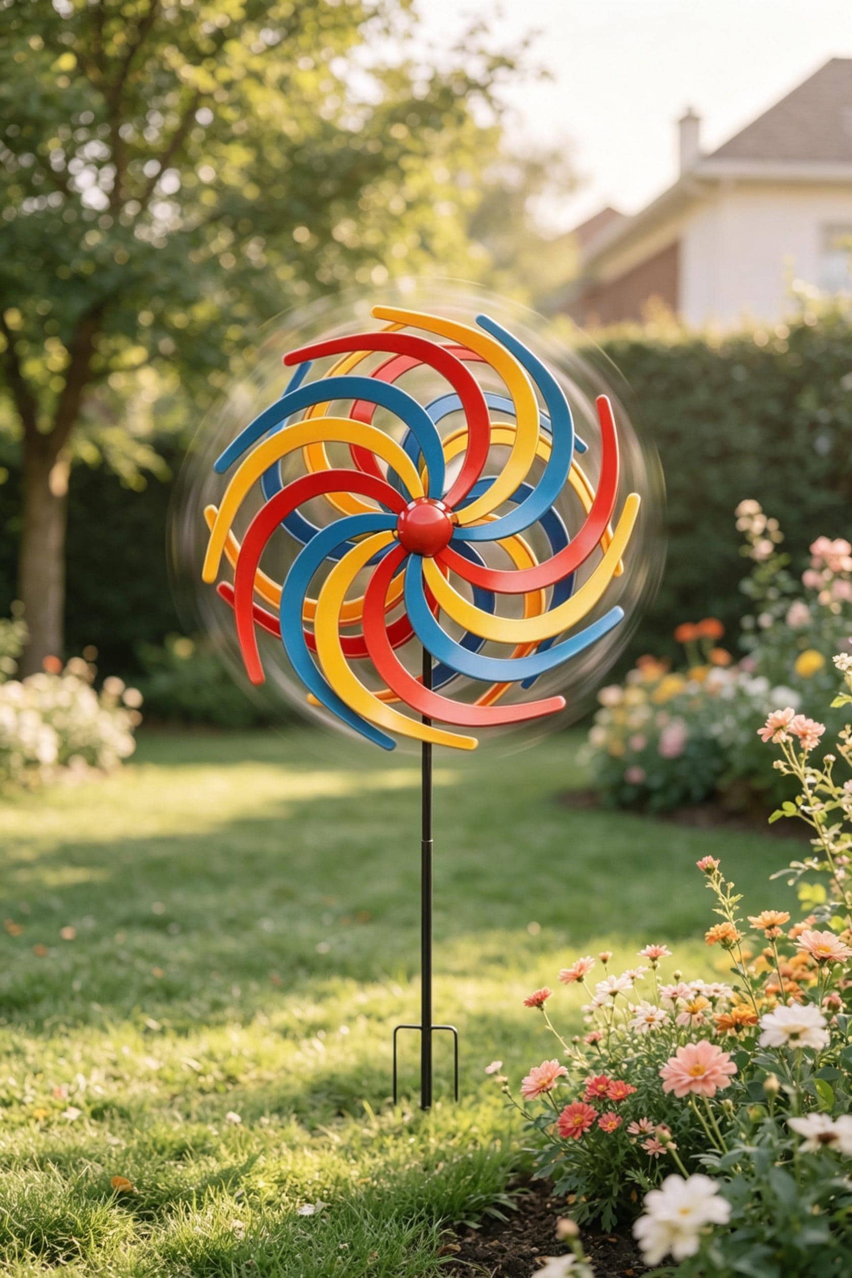 Girandola a vento in metallo colorato a doppia faccia con paletto da giardino, decorazione cinetica a spirale per esterni, mulino a vento arcobaleno p