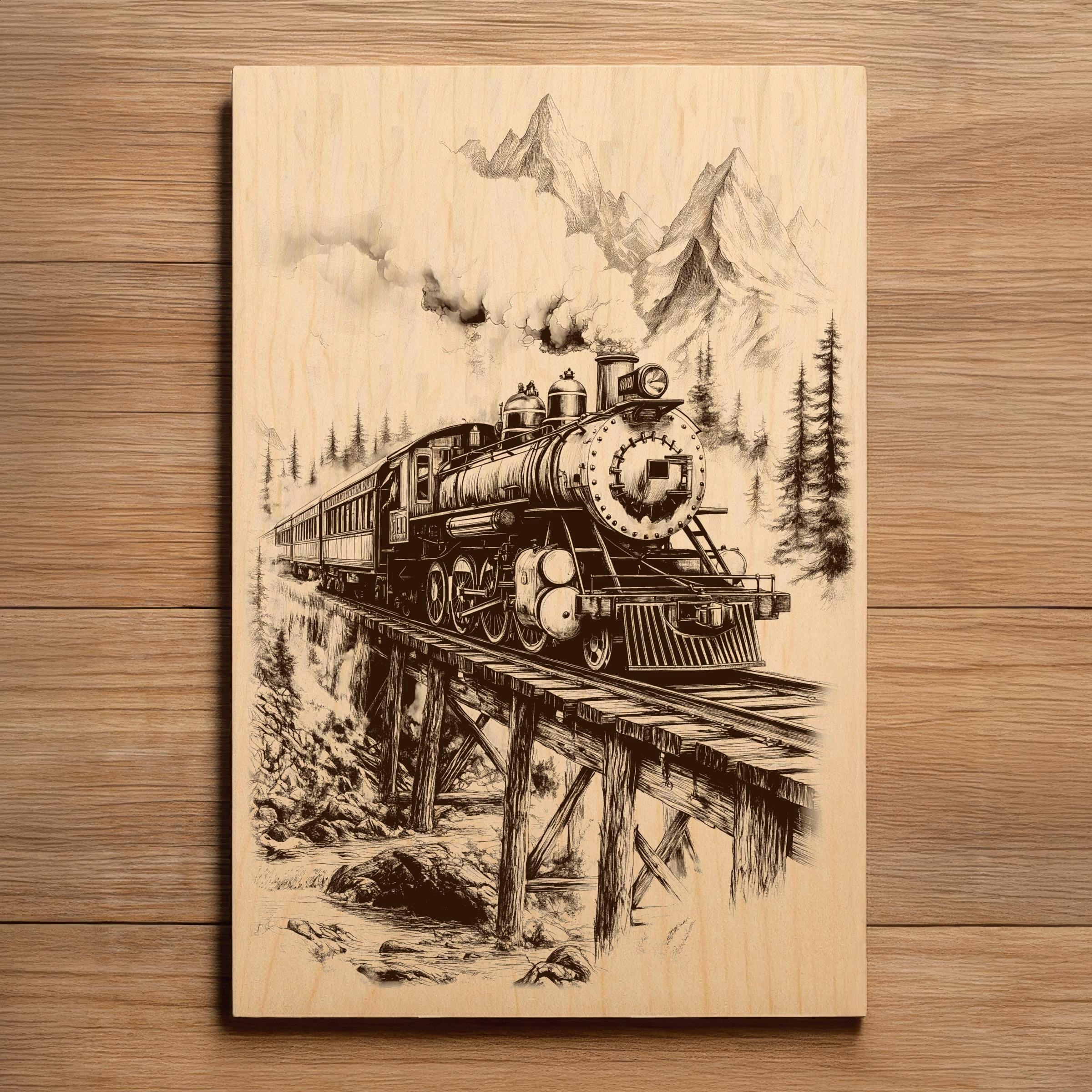File per incisione laser di treni d'epoca - Pronto per incidere PNG - Scena di treno locomotiva - Scena della ferrovia della città vecchia - Download