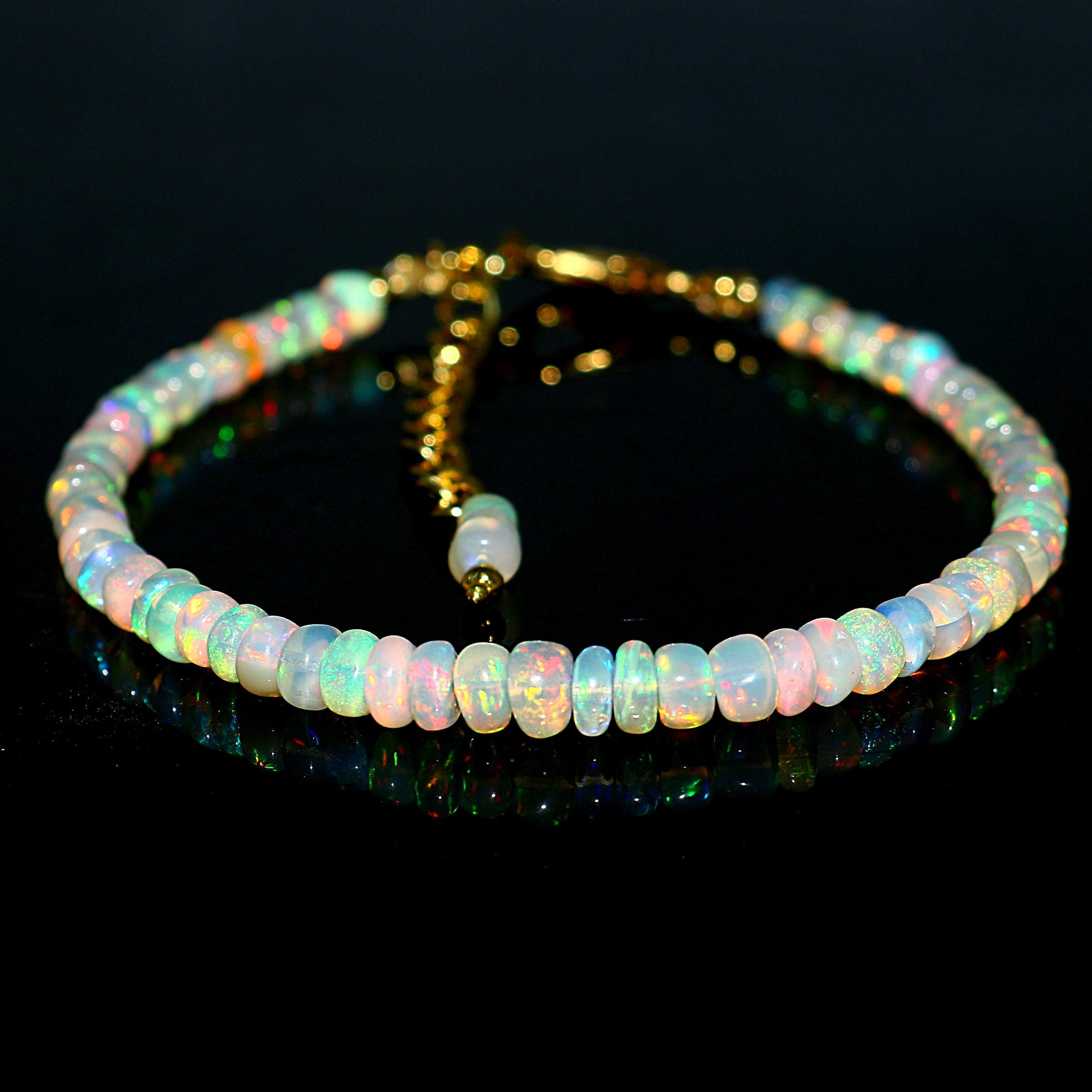 Bracciale con opale, bracciale con perle di opale di fuoco naturale etiope Welo, perle di opale multicolore, gioielli con opale, perle di opale Welo,