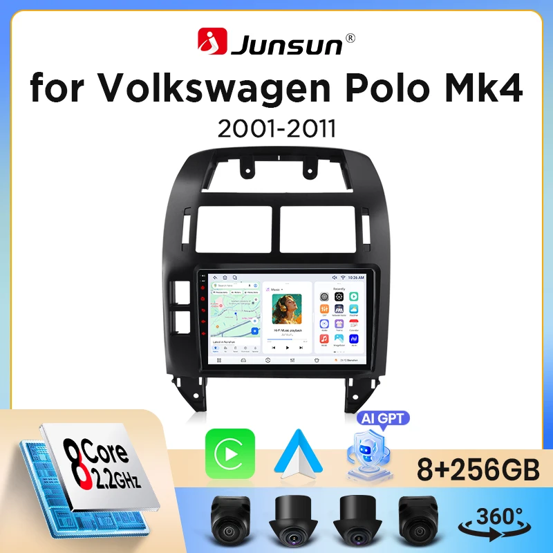 Junsun Wireless CarPlay Android Auto Autoradio für Volkswagen (VW) Polo Mk4 (Typ 9N/9N3) 2001-2009 mit eingebautem Lüfter, Android GPS Navigation, Multimedia Player, WiFi, DSP, RDS, BT, SWC, IPS Touchscreen, Autoradio, Videoplayer, Head Unit, Stereo
