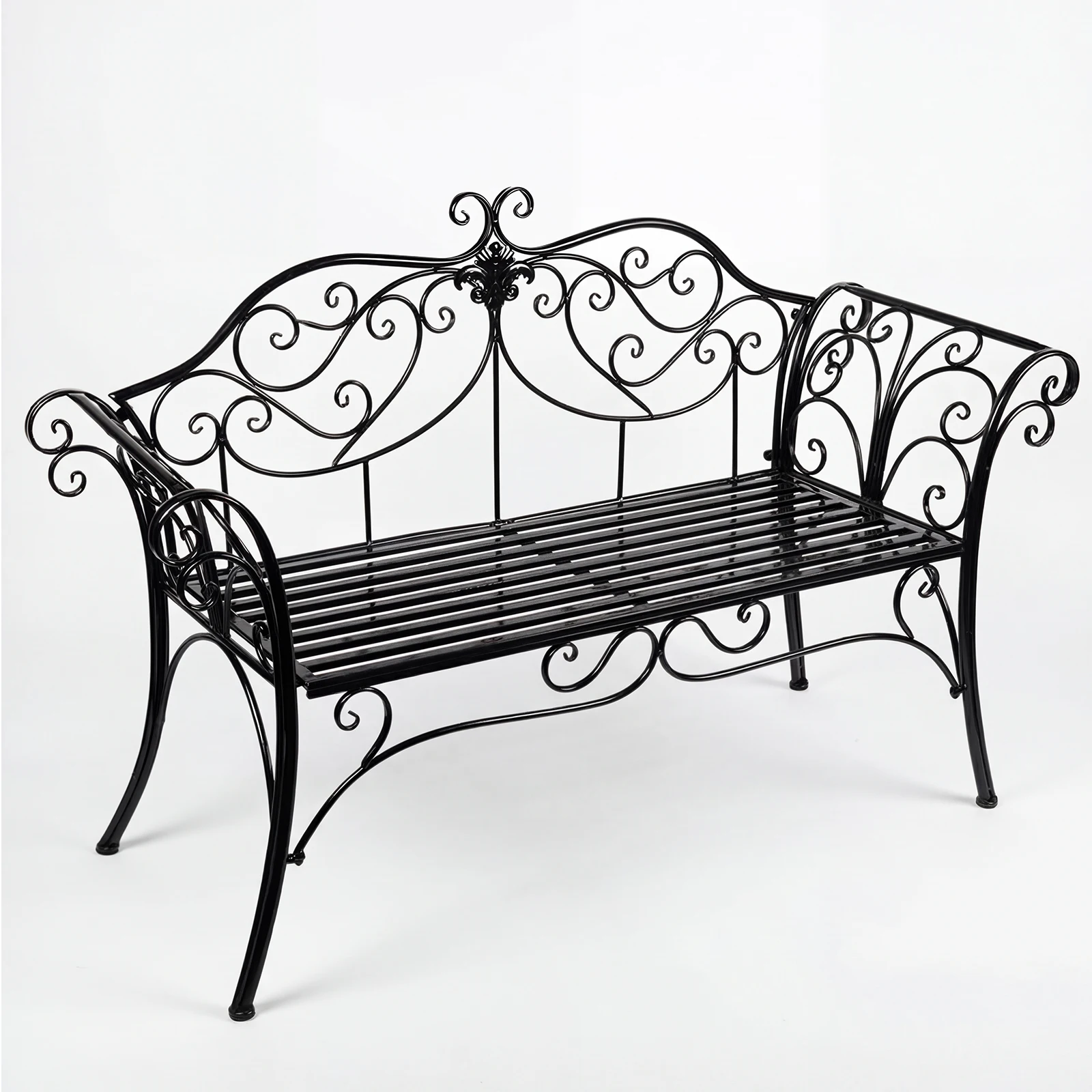 HLC Schmiedeeiserne Gartenbank, Zweisitzer-Gartenbank mit dekorativer schmiedeeiserner Rückenlehne, Gartenbank für den Außenbereich, 2 Sitze, 133x90x49 cm, für Balkon oder Terrasse, rostbeständig, schwarze Farbe