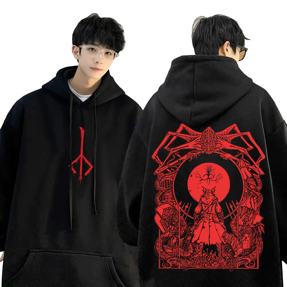 Game Bloodborne Grafik-Hoodie Horror Hunter Cosplay Merch Sweatshirt Herren Damen Lässiger Vintage Pullover Oversized Streetwear