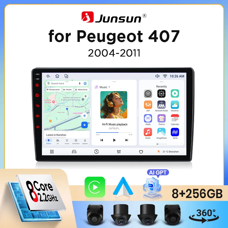 Junsun Kabelloses CarPlay Android Auto Autoradio für Peugeot 407 (Limousine/SW/Coupé) 2004-2011 mit integriertem Lüfter, Android GPS-Navigation, Multimedia-Player, WiFi, DSP, RDS, BT, SWC, IPS-Touchscreen, Autoradio, Videoplayer, Head Unit, Stereo Image