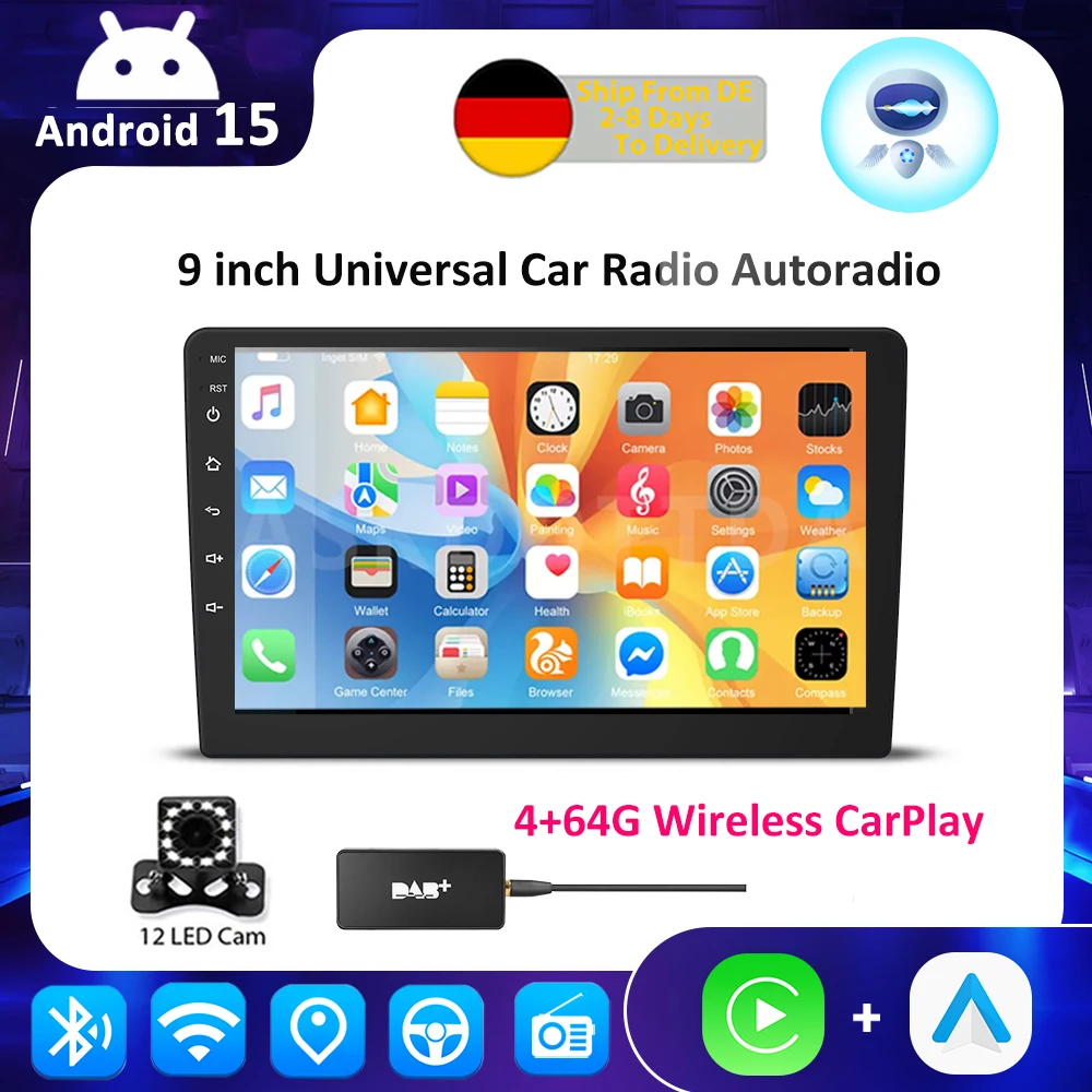 Autoradio Android 15 Universale 9'' con Carplay Wireless, Sistema Multimediale per Volkswagen, Nissan, Hyundai, Kia, Toyota