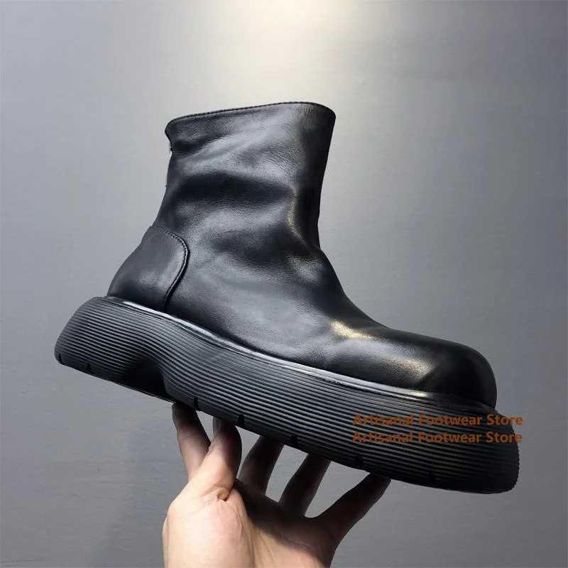 Herrenstiefel mit dicken Sohlen, schwarzes Leder, Reißverschluss hinten, Stiefeletten, weiches Leder, hohe Lederschuhe, trendige handgefertigte Herrenschuhe