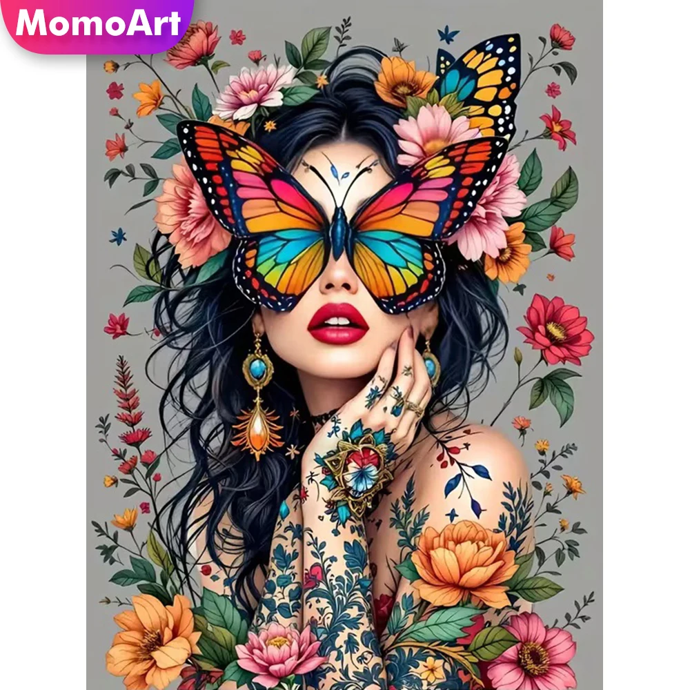 Momoart 5D DIY Diamant-Stickerei Frauenporträt Neuerscheinung Mosaik-Schmetterling Kreuzstich Diamantmalerei Blumen Urlaubsgeschenke Image