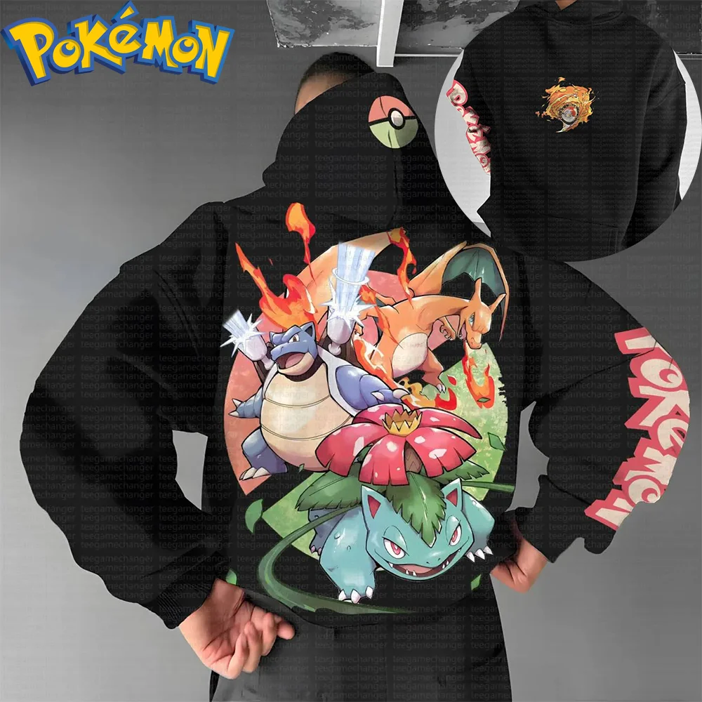 Pokemon Anime Squirtle Blastoise Charizard Baumwolle Hoodie Harajuku Hosen Set Schwarz Multi Charakter Druck mit Wasser Flamme Effekte Image