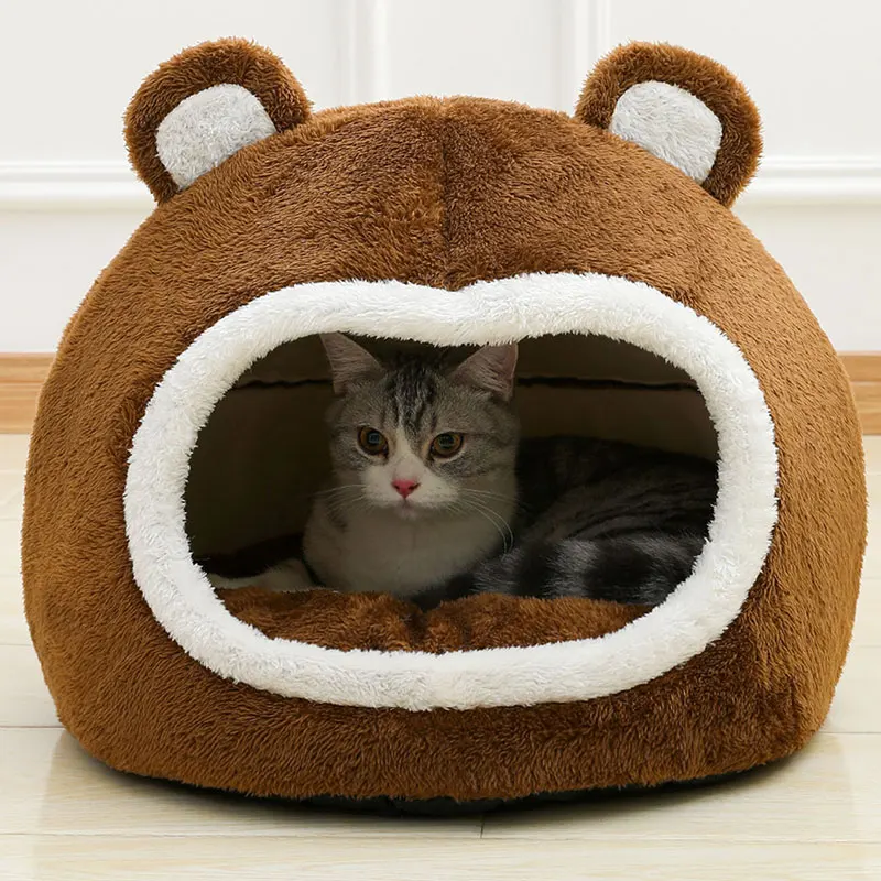 Lustiges Katzenbett, warmes Haustierhaus, weiches langes Plüsch-Kätzchen-Liegenkissen, kleine Hunde, Zelt, Höhlenbetten für gemütliche Katzenhaus-Matte, Zubehör Image