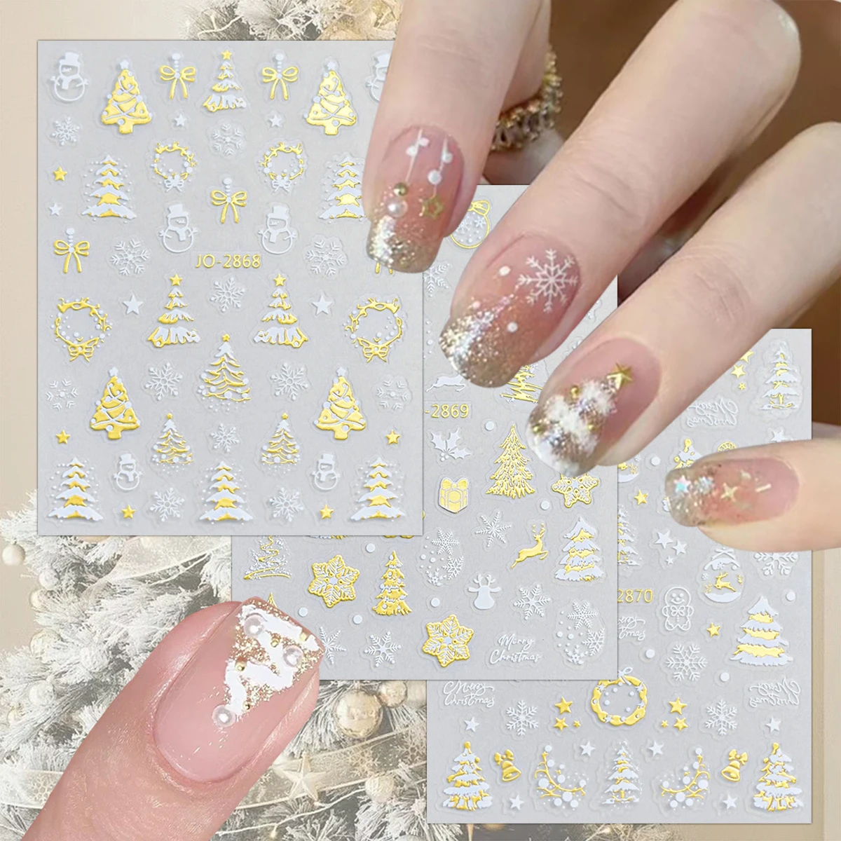 3/6 Blatt goldfarbene weiße Weihnachts-Nagelaufkleber, Schneeflocke, Weihnachtsbaum, Stern, selbstklebende Nagelkunst-Abziehbilder für Winter-Maniküre Image