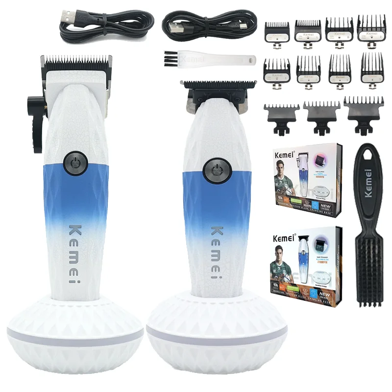 Kemei Professionelle Haarschneidemaschine für Männer, DLC-Klinge, 10.000 U/min, blaues, hypoallergenes Messernetz mit Basisladegerät, Haarschneidemaschine Image