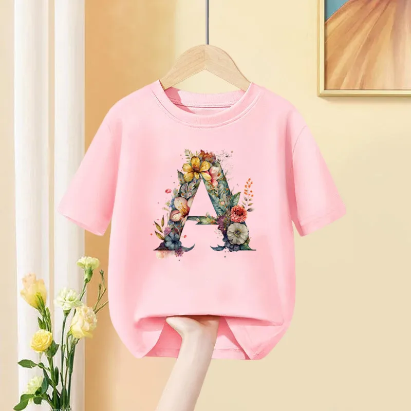 Mädchen T Shirt Benutzerdefinierte Name Brief Kombination Druck T-shirt Blume Brief Schrift A B C D E F G Kurzarm Kinder Rosa Tops