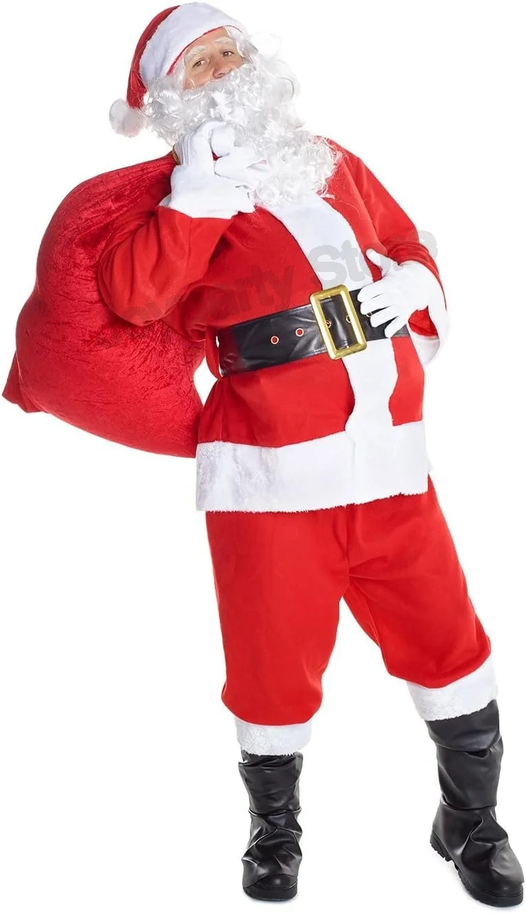 Weihnachts-Weihnachtsmann-Kostüm für Herren, luxuriöses langes Plüsch-Set aus goldenem Samt, rotes Geschenktüten-Set mit 5 Stück, 7 Stück, 9 Stück, 11 Stück Image