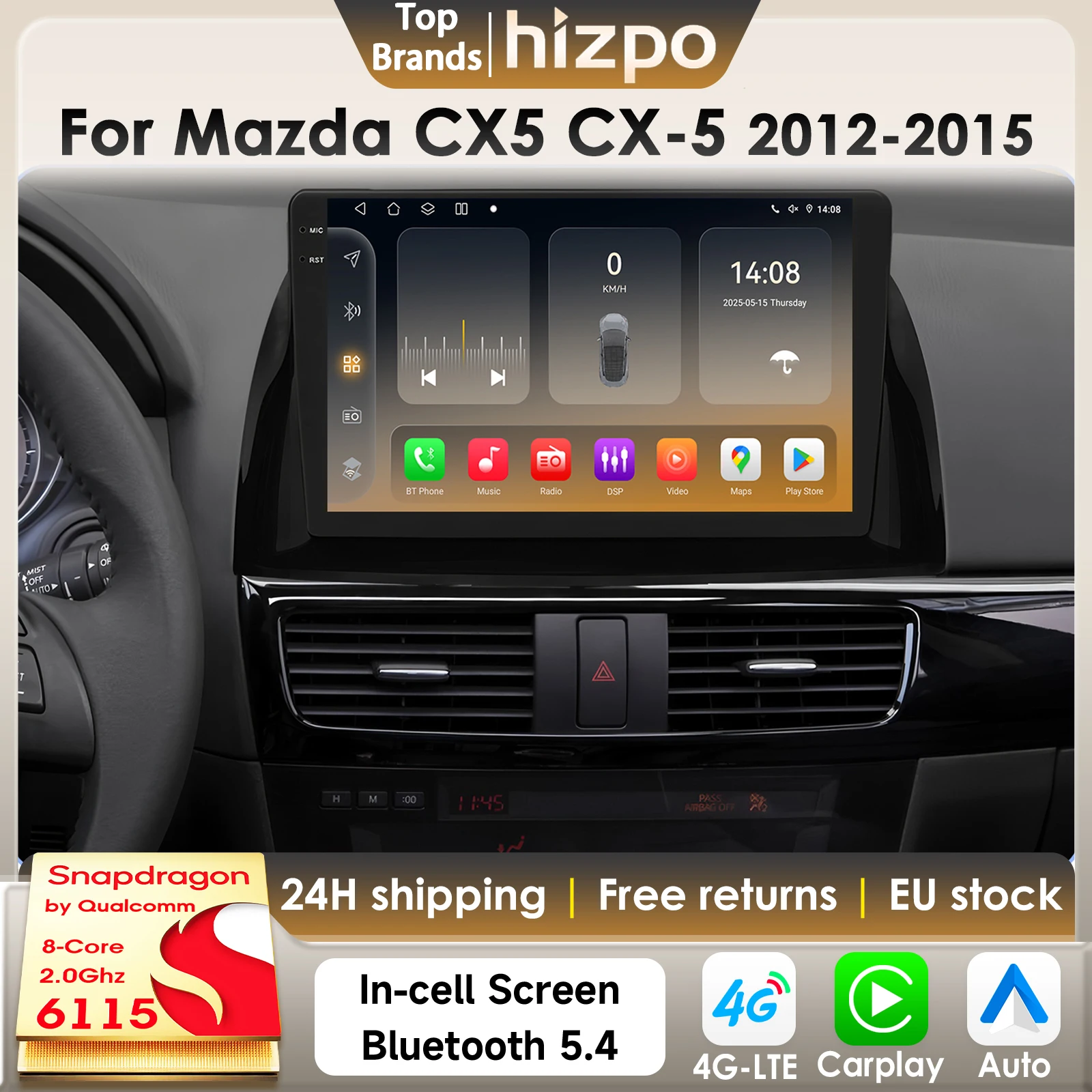 Hizpo 8Core Android 14 Intelligentes Autoradio für Mazda CX5 CX-5 2012-2015 AI CarPlay GPS DSP 4G BT5.4 von Qualcomm Snapdragon6115 Image