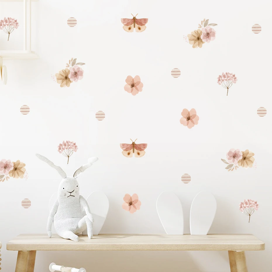 Boho Botanische Blumen Schmetterling Aquarell Kinderzimmer Wandaufkleber Abnehmbare Kinder DIY Wandtattoo Kinderzimmer Inneneinrichtung Home Decor
