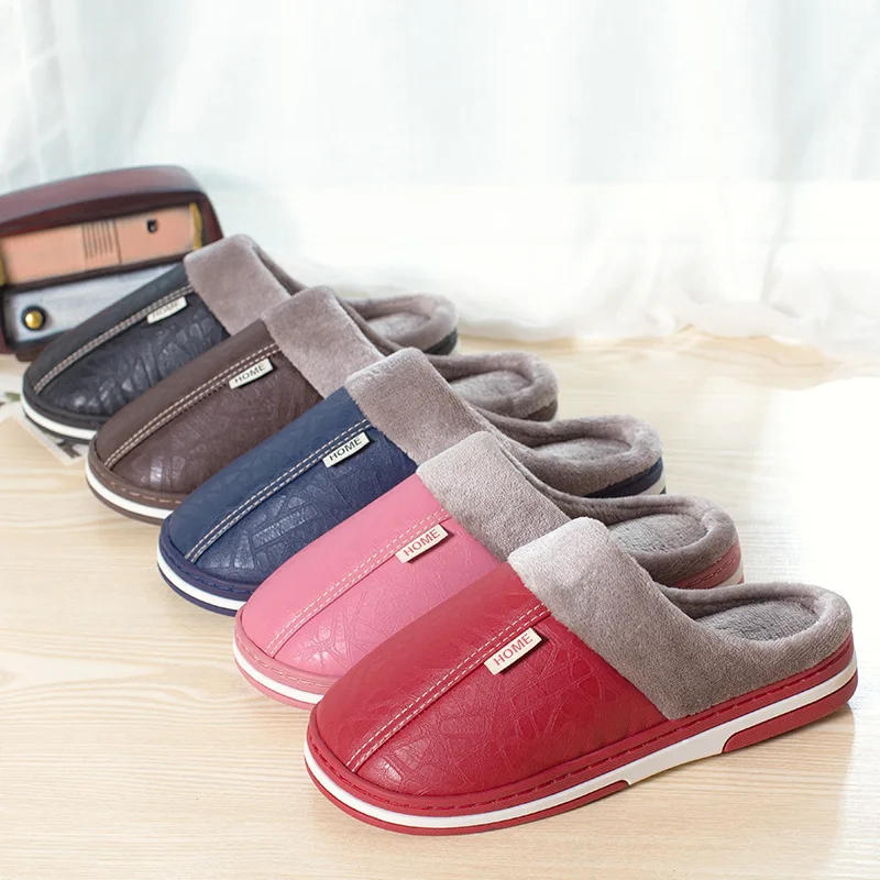 Männer Hausschuhe Indoor PU Leder Frauen Haus Wasserdichte Warme Hause Pelz Pantoffel Männlich Paar Schuhe Flauschigen Große Größe Casual Rutsche Schuhe