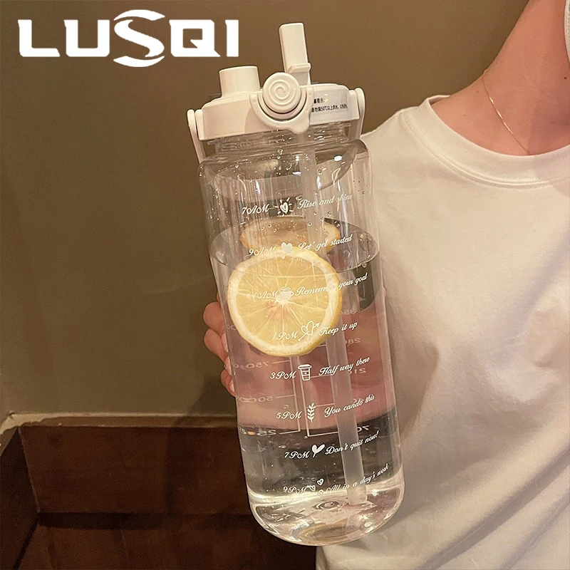 LUSQI 2000ml Sportwasserflasche mit großem Fassungsvermögen, transparenter Tritan-Becher für den Sommer, für Outdoor-Fitness, auslaufsicher, doppelwandig. Image