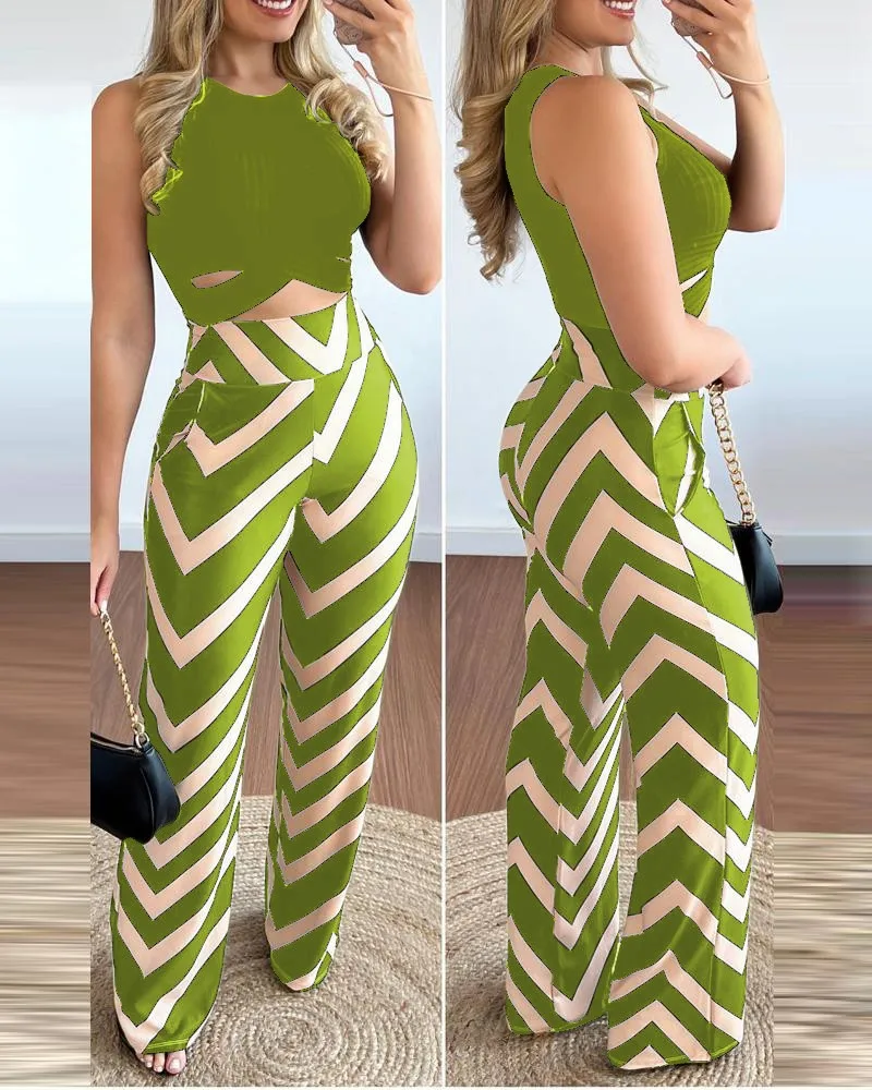 Frühling Sommer Neue Ärmellose Kurze Top frauen Anzug Mode Gedruckt Hosen Schlank Schlank Einfache Elegante Weibliche Büro 2-teiliges Set Image