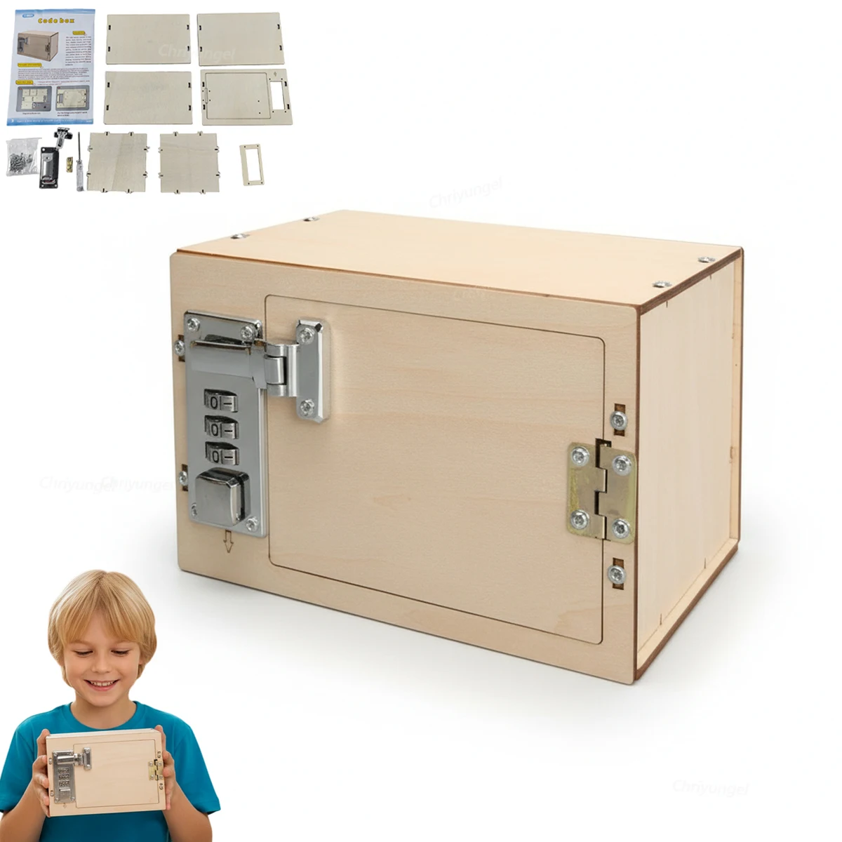 DIY Holz-Sparbüchse mit mechanischem Zahlenschloss, Bausatz für Kinder, Lernspielzeug, Geschenk Image
