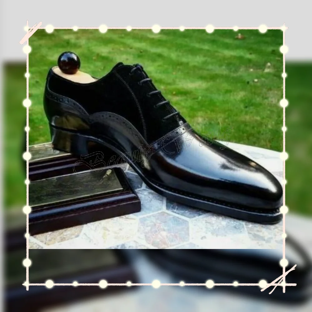 Schwarze Lackleder-Herren-Kleiderschuhe, Pumps, Schnür-Dekor, Herrenschuhe, Herren-Slipper, Party-Schuhe, große Größe 47, Sprig, Herbst