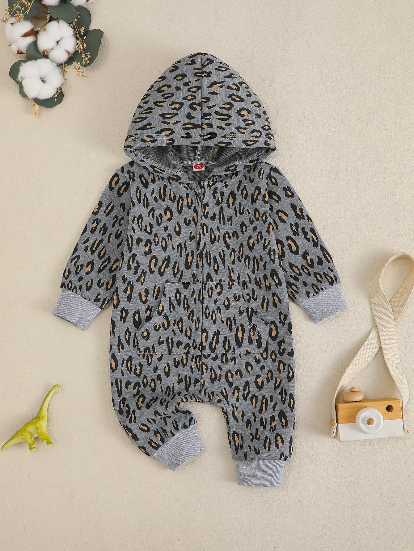 Baby Frühling Herbst Grau Leopardenmuster Hut Langarm Strampler Anzug für Kleinkinder Kleinkind Kleidung All-in-One-Anzug mit Hut Image